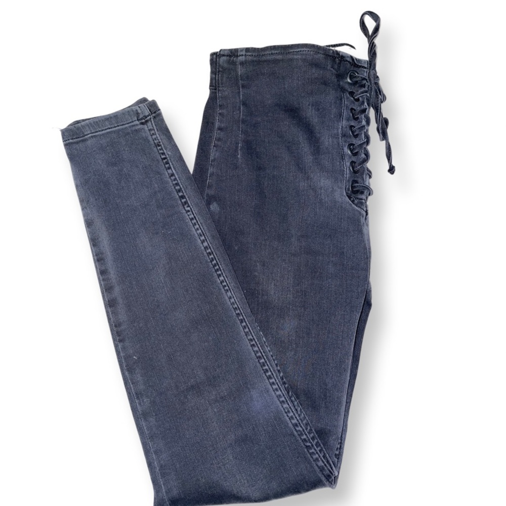 Free People Boho Western Black Lace-Up Skinny Jeans – High Rise, Size 28